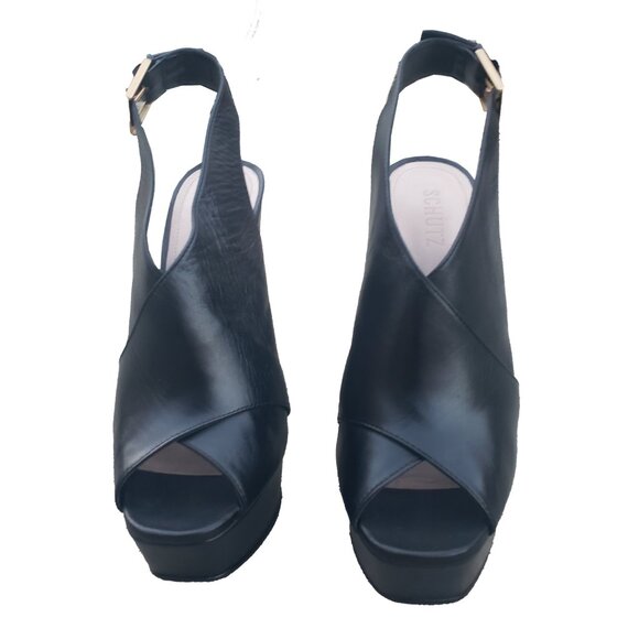 Schutz Priscila Slingback Sandals Black Napa Leather Platform 8.5 - Picture 2 of 9